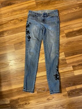 White House Black Market Women's Skinny Blue Jeans with Black Floral Accents
